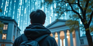 Student looking up at an AI-powered futuristic sky