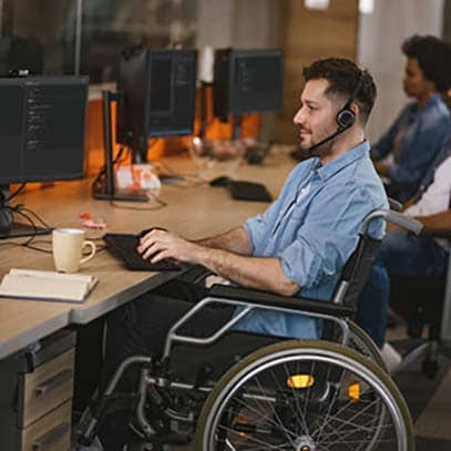 Contact center agent in a wheelchair taking a call