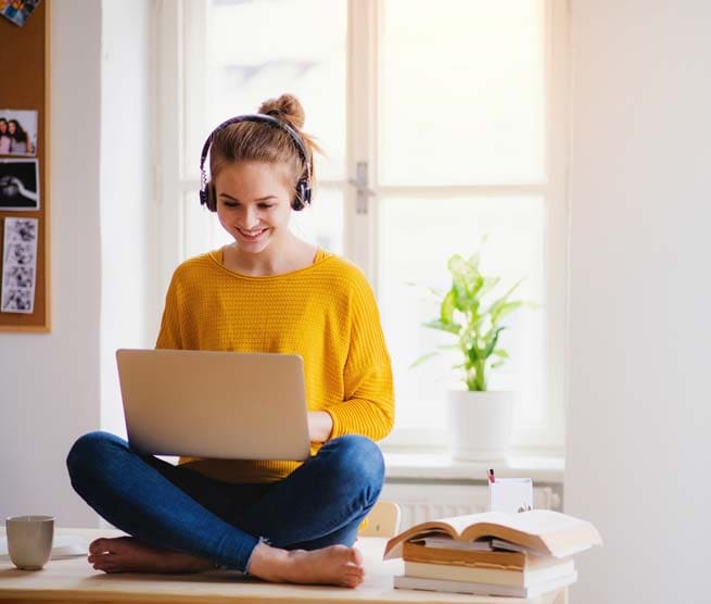 Female contact center agent working from home office