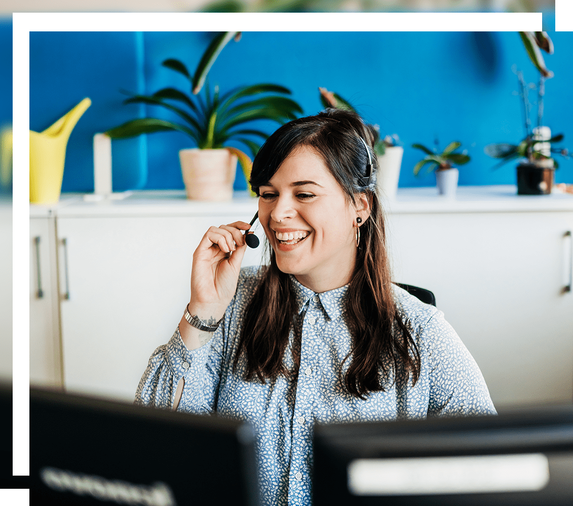 Women working from home talking on a headphone